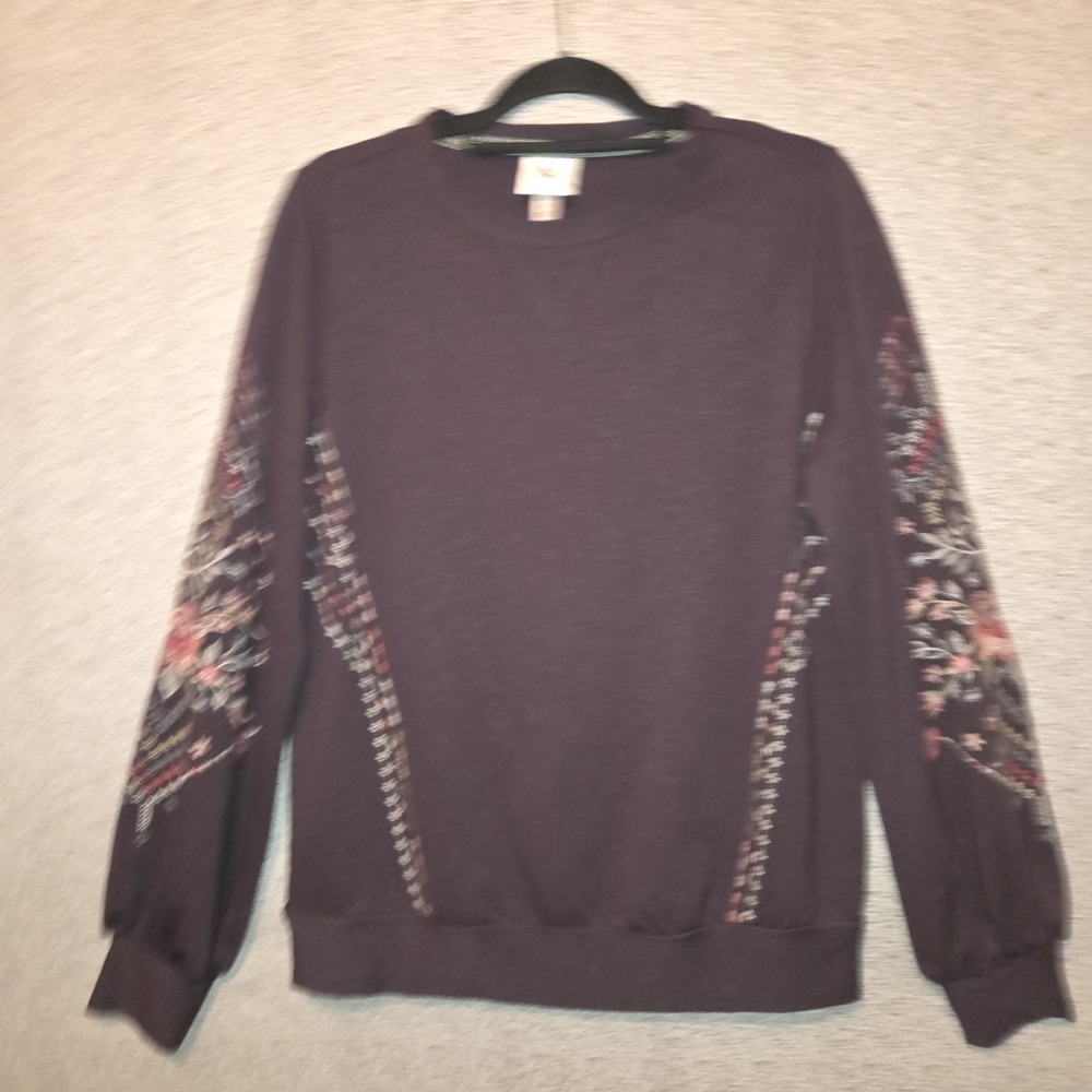 Knox Rose Embroidered Sweatshirt Women's Size Medium Casual Boho Chic Stretch